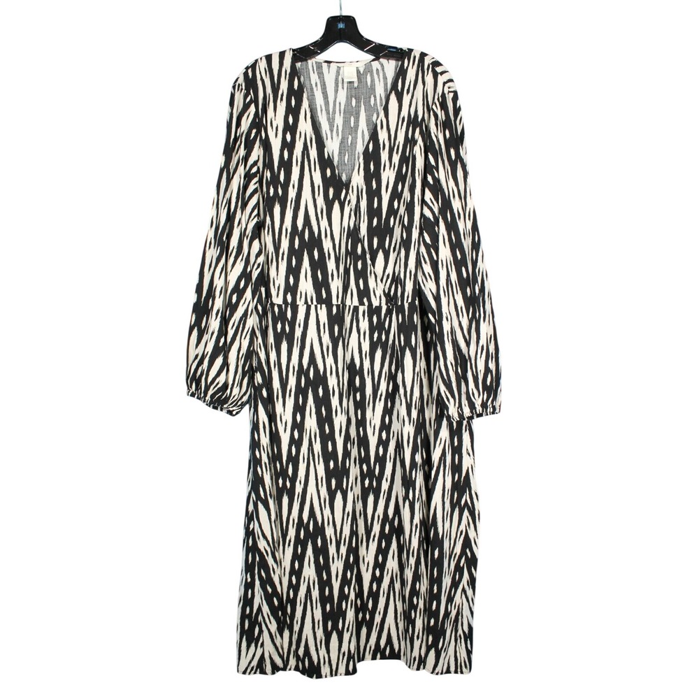 H&M Black/White WRAP-FRONT V-Neck BALLOON SLEEVES Maxi Bohemian DRESS Sz XXL